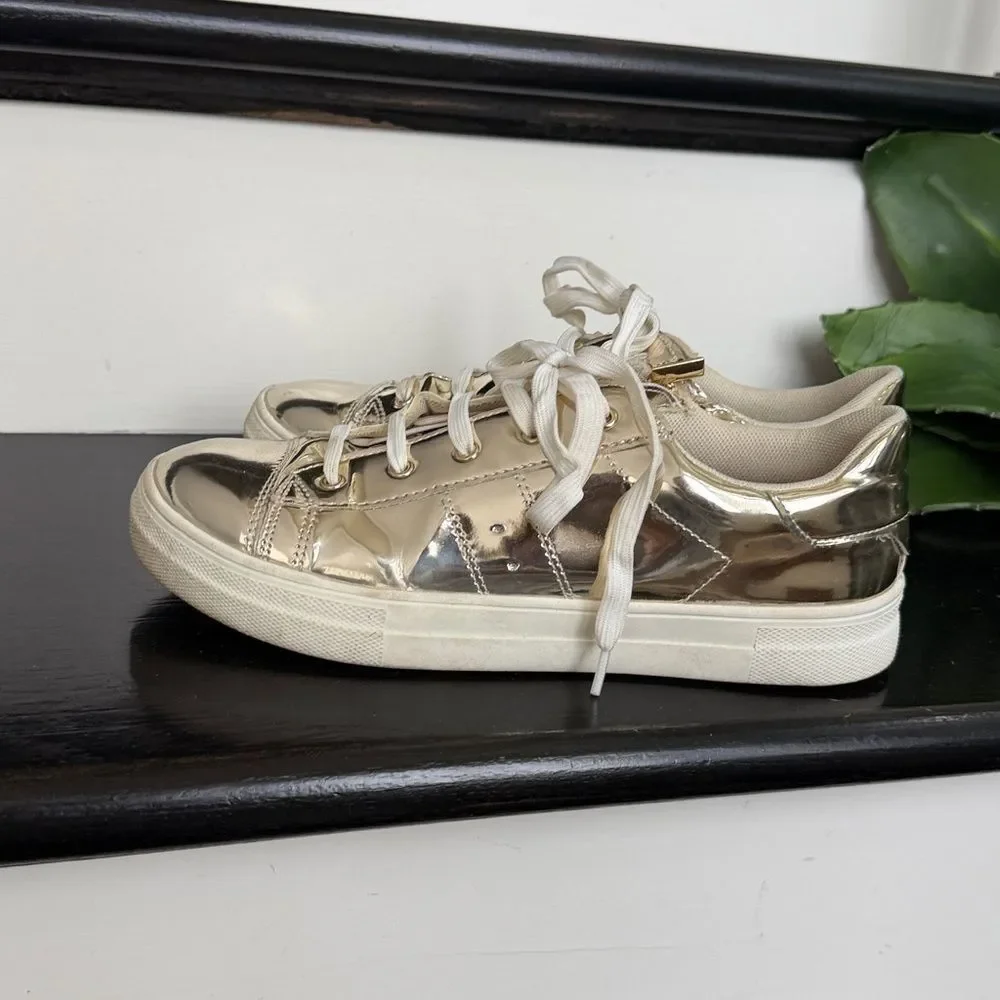 Kidpik Gold Metallic Sneakers Youth 6 Fits Women’s 7.5 Lace Up Side Zip